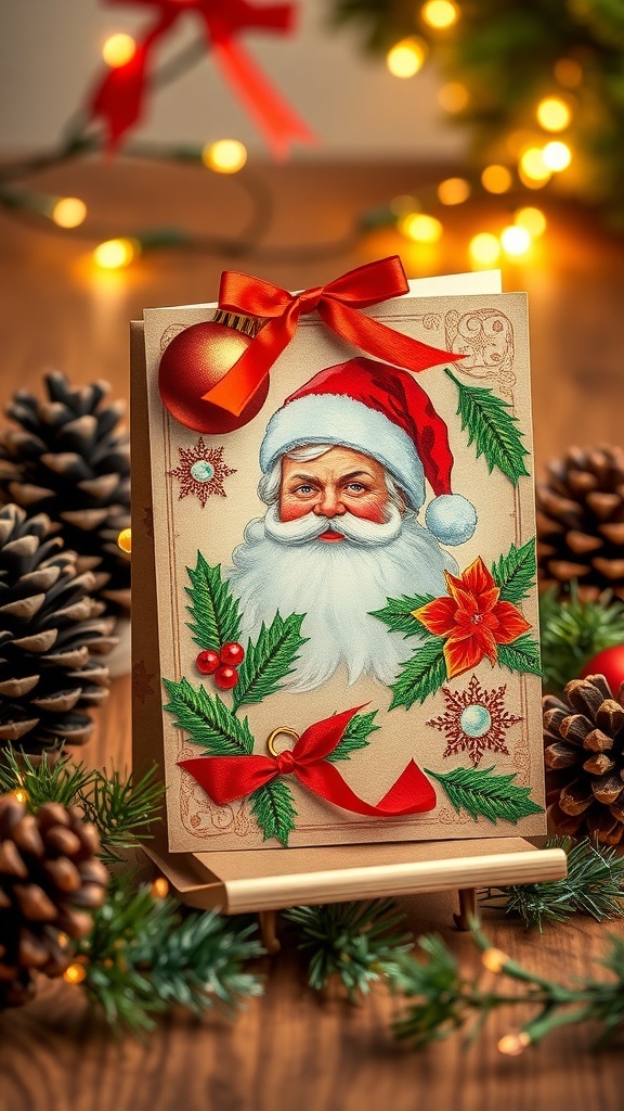 A retro Christmas card with vintage designs and ornaments on a rustic wooden table.